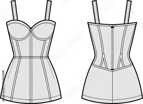 Women corset top cad drawing flat vector illustration, fashion technical sketch, lingerie design template, structured garment vector, clothing flat illustration