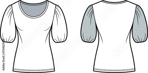 Women puff sleeve top cad drawing flat vector illustration, fashion technical sketch, blouse design template, clothing vector, garment illustration