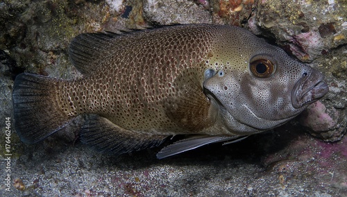 The duskyfin grouper, a marine species from the Serranidae family, typically inhabits shallow silty reefs and estuarine zones in saltwater aquariums