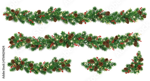 Christmas garlands and fir branches. Christmas decoration with pine cones, holly berries, glowing lights, ribbons. For holiday banners, cards, party posters. Transparent background in vector file.