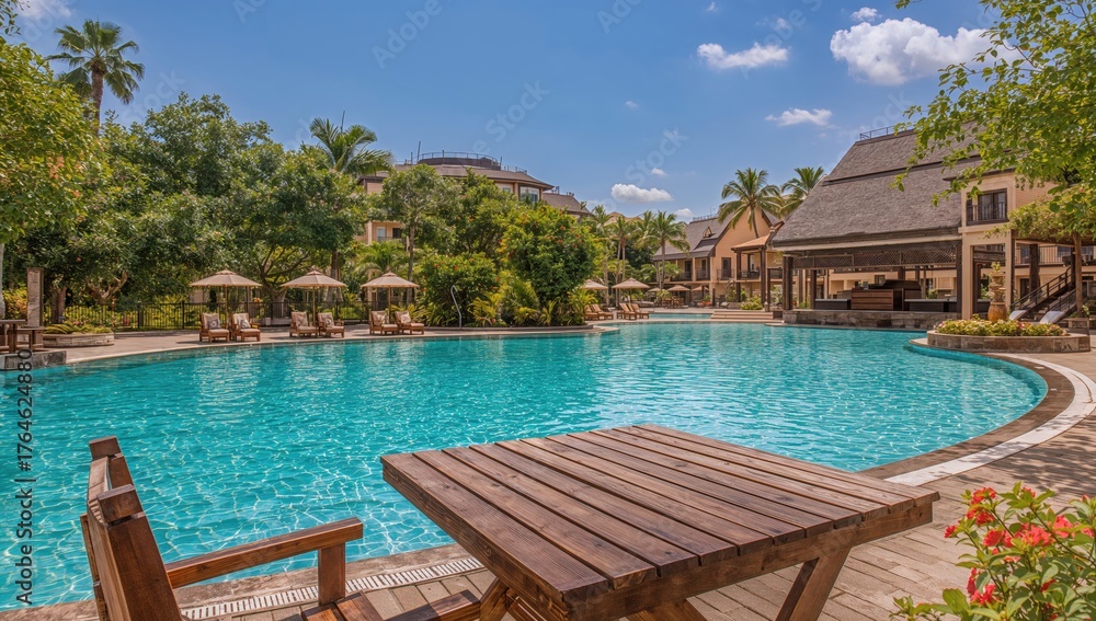 Obraz premium Outdoor seating by a pool in a lush resort setting