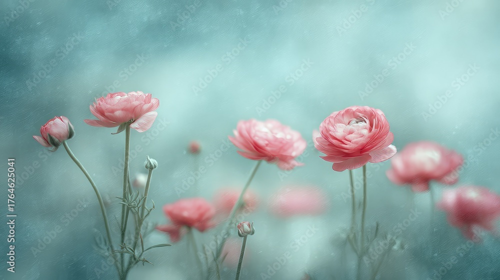 Fototapeta premium Delicate Blurred Watercolor Ranunculus Flowers Bathed in Soft Light for Elegant Decor and Artistic Inspiration