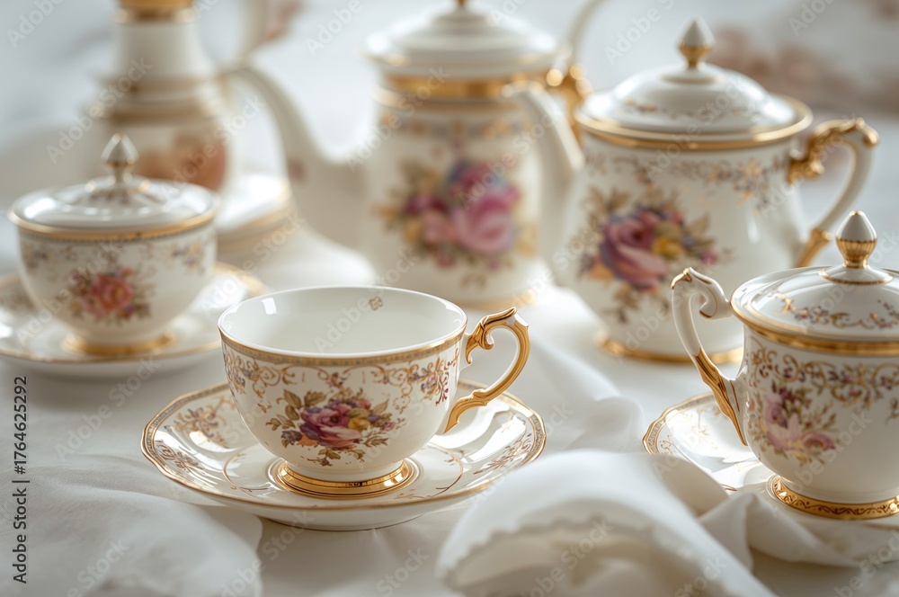 Fototapeta premium Elegant antique tea collection displayed on a white surface