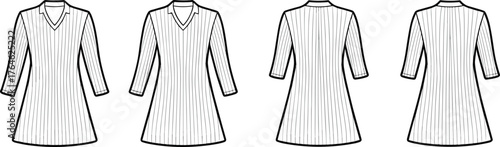 Striped v neck dress cad drawing flat vector illustration, long sleeve women tunic design, fashion technical sketch template