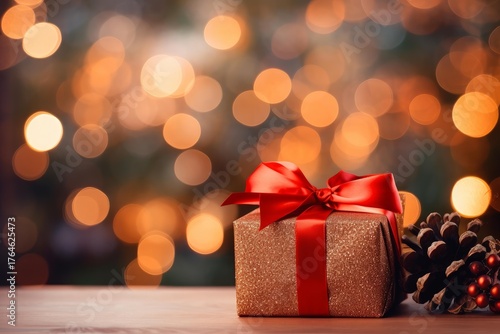 Wallpaper Mural Golden gift box with red ribbon and pine cone on wooden table against festive bokeh lights background Torontodigital.ca