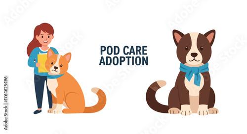 Dog Adoption Illustration with Caretaker and Different Cute Pups
