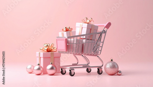 Shopping cart filled with pink and gold gift boxes and ornaments on pastel pink background