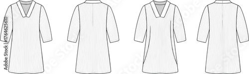 Long sleeve tunic top cad drawing flat vector illustration, striped v neck blouse design, women fashion technical sketch template