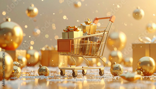 Shopping cart filled with wrapped gifts and surrounded by golden ornaments creates festive holiday atmosphere
