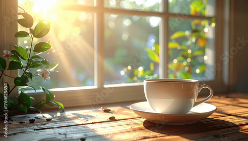 White coffee cup on wooden table by sunlit window, surrounded by green leaves and morning light