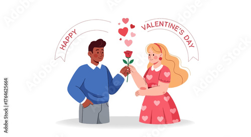 Romantic diverse couple celebrating Valentine's Day with a man giving a red rose to his partner, surrounded by love hearts