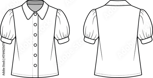 Short puff sleeve blouse cad drawing flat vector illustration, women’s button shirt design, round collar fashion technical sketch template
