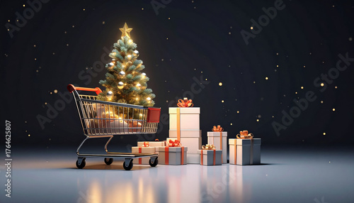 Shopping cart with decorated Christmas tree and gift boxes creates festive holiday atmosphere