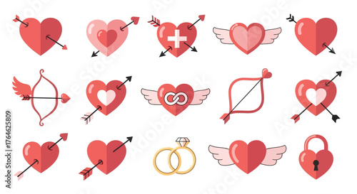 A diverse set of flat style vector icons for Valentine's Day, featuring romantic love symbols like hearts, arrows, wings, and rings