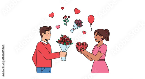 Couple exchanging romantic gifts, celebrating love with flowers and chocolates on a special day, illustrating affection and happiness