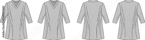 Striped v neck tunic top cad drawing flat vector illustration, long sleeve blouse design, women fashion technical sketch template