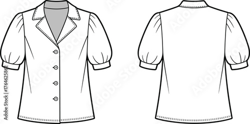 Puff sleeve blouse cad drawing flat vector illustration, women’s button front shirt design, short sleeve fashion apparel technical sketch