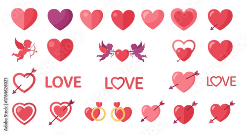 Set of romantic flat design icons featuring hearts with arrows, cupids, and wedding rings for Valentine's Day decoration