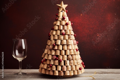 Alternative christmas tree made of used wine corks, decorated with red christmas balls, with empty wineglass nearby