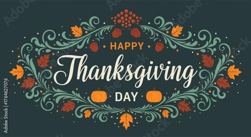 Vintage happy thanksgiving day vector illustration with a festive frame and decorative ornament design