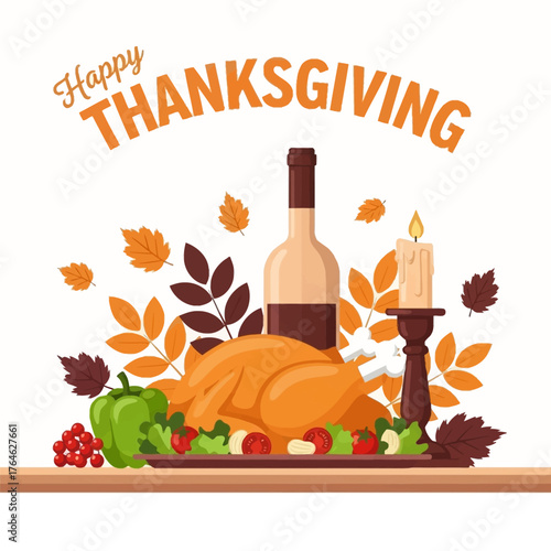 An illustration set of food and drinks with wine, pumpkin, and leaf vector for thanksgiving day