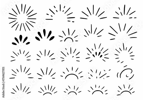 Hand drawn doodle vector set of Burst Linses, Radiating Rays & Emphasis Marks, drawn in a simple