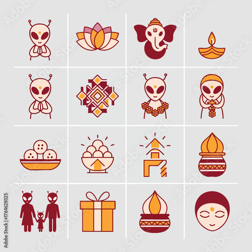 Diwali Icons: Alien Twist on Traditional Symbols.
