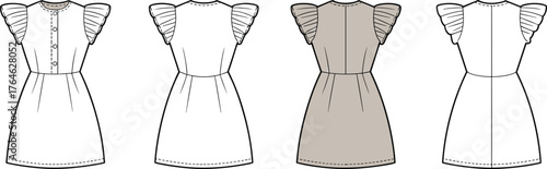 Women dress flat sketch, ruffle sleeve dress technical drawing, fashion design CAD vector, apparel flat template, front and back view illustration
