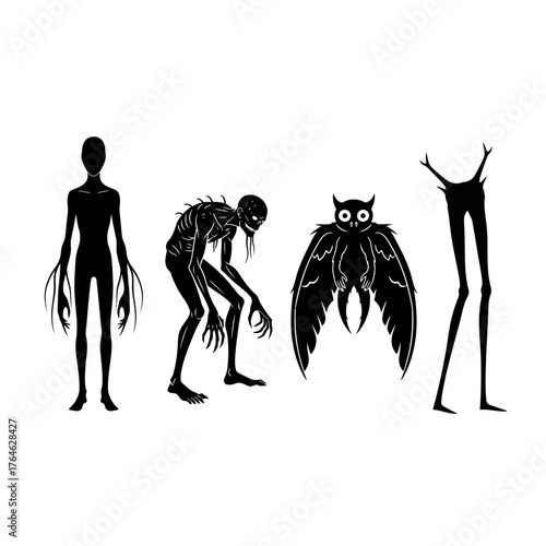 Four distinct black silhouettes of mythical and monstrous cryptid creatures, including a Slender Man-like figure, a ghoul, an owl-winged entity, and a tall stick-like monster.
