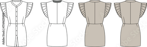 Women button front ruffle sleeve tunic blouse flat sketch, stylish shirt template, apparel design, cad drawing flat vector illustration