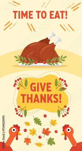 A colorful vector cartoon illustration of a roasted turkey for thanksgiving party