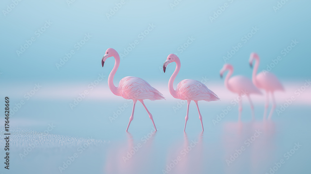 Obraz premium A flock of elegant pink flamingos gracefully walk across a tranquil, shallow body of water with a soft, pastel blue sky