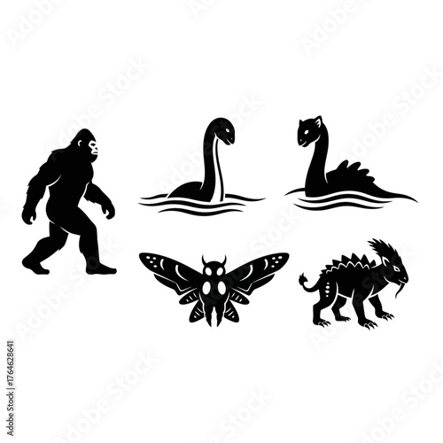 Black silhouettes of various cryptids and mythical creatures including Bigfoot, Loch Ness Monster, Mothman, and Chupacabra, on a white background.