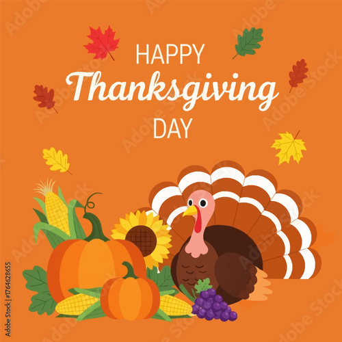 A cute cartoon turkey with a pumpkin and autumn leaves for a Thanksgiving design illustration