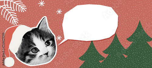 Christmas minimalist scene, Santa kitty with speech bubble cut out collage