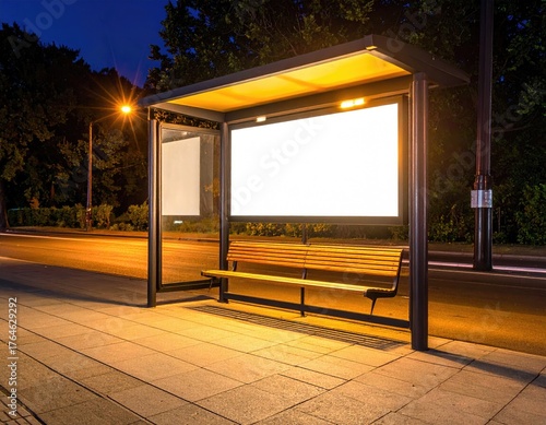 Evening shot of a bus shelter with illuminated display boards and a wooden bench