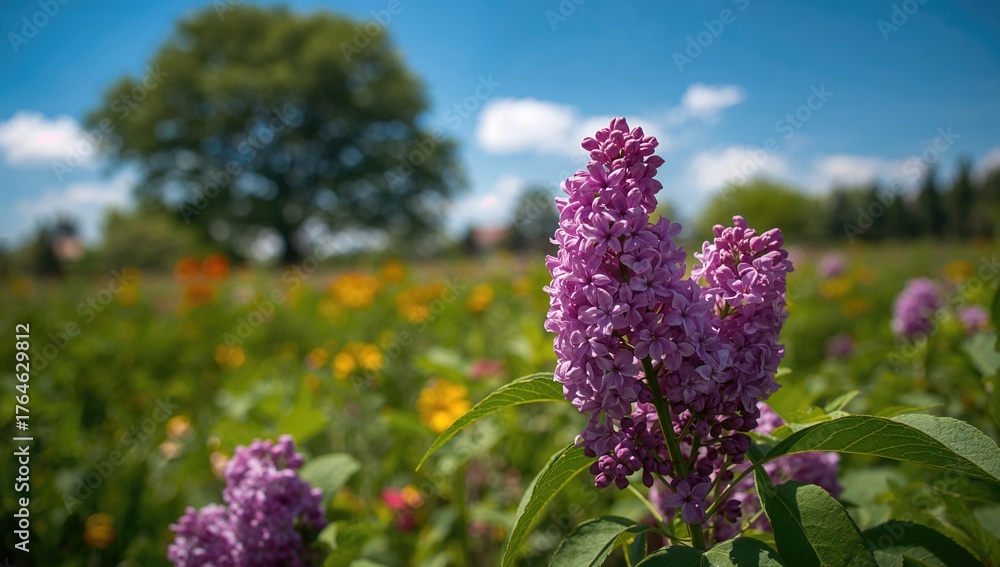 Obraz premium Lilac blossoms backdrop with floral elements, summer vibes, natural scenery, and leafy trees