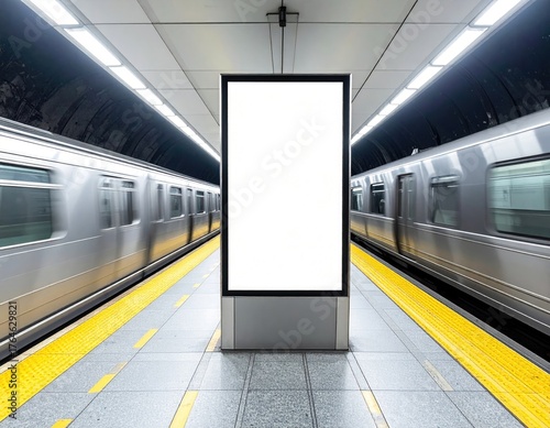 A blank digital billboard in a subway station with blurred trains passing by on either side