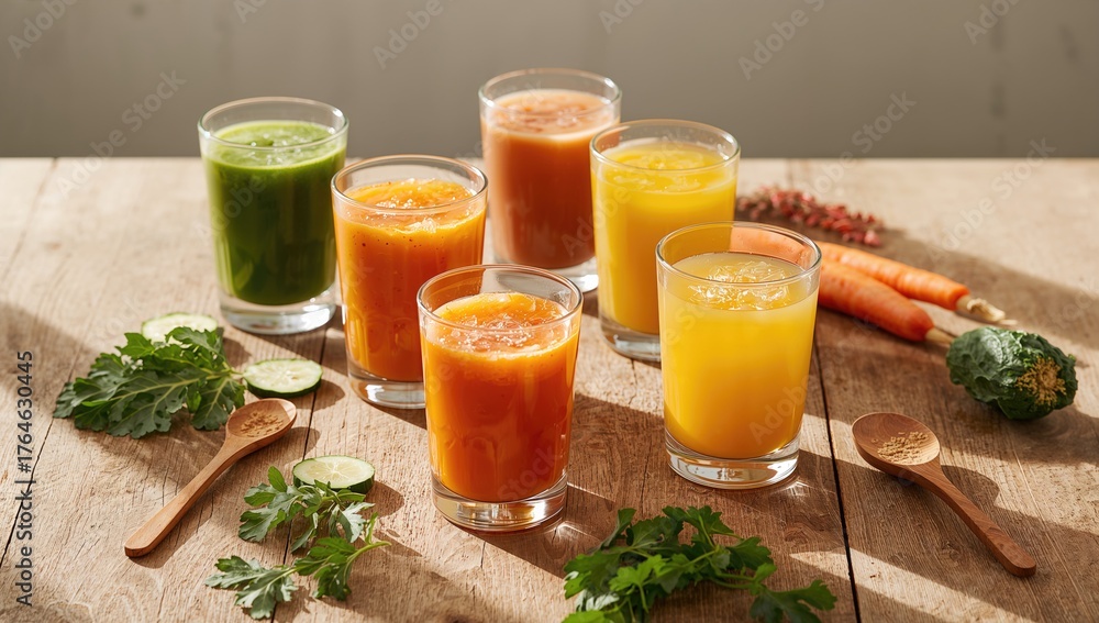 Fototapeta premium Cleanse regimen with fresh natural vegetable juices presented on a rustic wooden surface in glasses.
