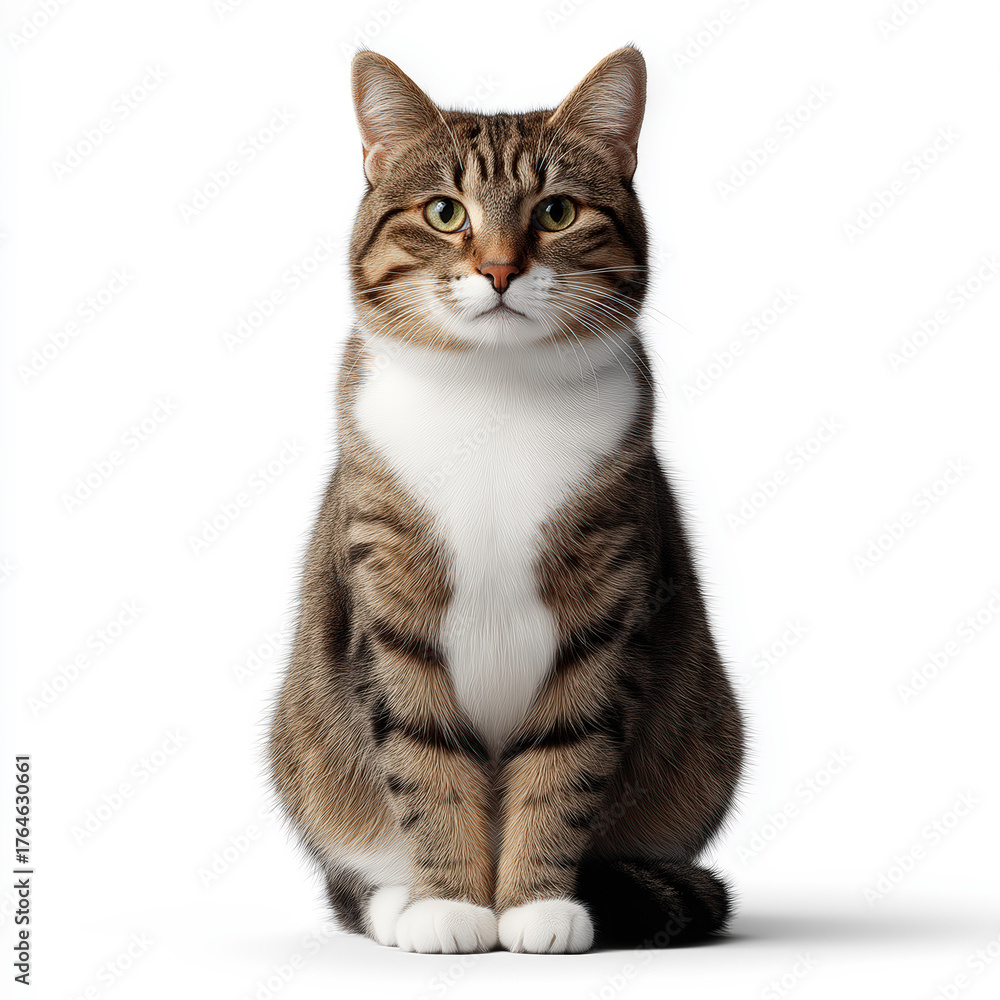 Obraz premium Serene domestic tabby cat with beautiful brown stripes and a prominent white chest, sitting composedly on a bright white studio background, gazing directly forward, a captivating feline portrait