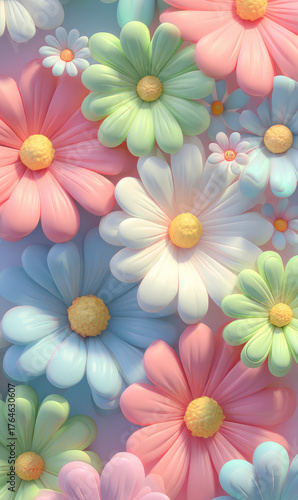 Whimsical Cartoon-Style Flowers in Soft Pastel Colors on a Gradient Background for Playful Designs