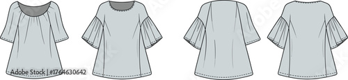 Women flared sleeve blouse fashion flat sketch, stylish loose top garment design, cad drawing flat vector illustration, clothing template