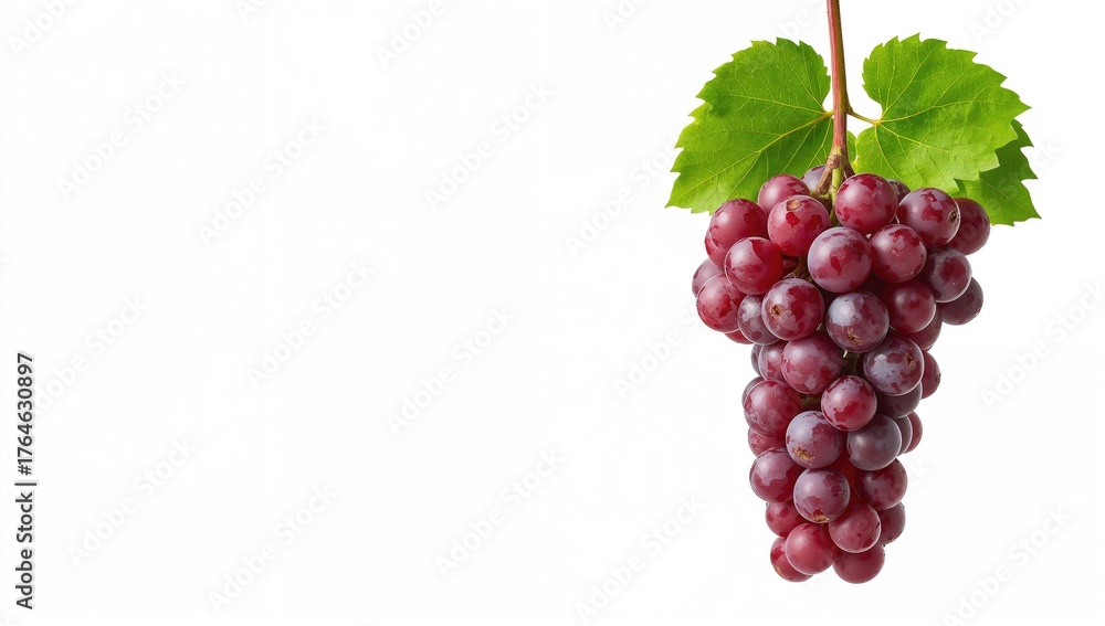Fototapeta premium Cluster of ripe red grapes hanging with another cluster beneath, set against a plain white backdrop.