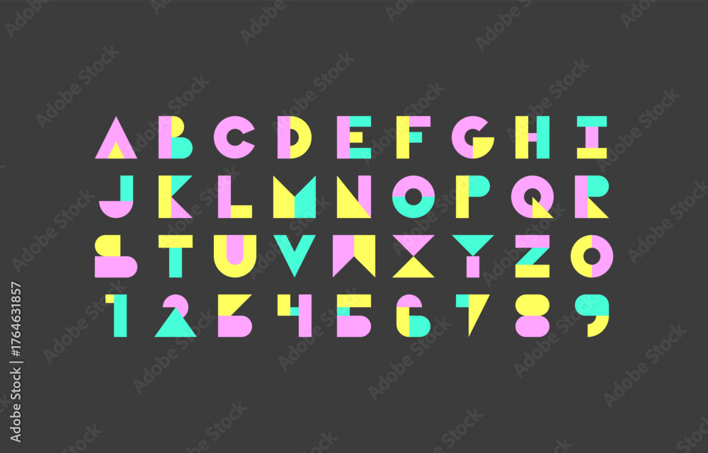 Fototapeta premium Vector of typface Bold Bauhaus Alphabet on Black Background with Rounded Pastel Letters and Numbers