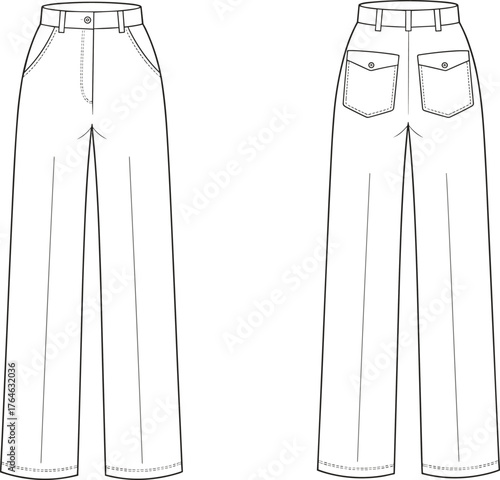Women’s high waist wide leg pants flat sketch, front and back view, technical CAD fashion drawing, vector template for designers