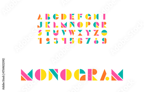 Wet of Bright Bauhaus Letters and Numbers in Primary Colors with Minimal Monogram Composition