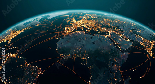 Night view of Earth, illuminated cities connected by glowing lines, symbolizing global network, communication, and interconnectedness