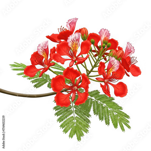 Vibrant red royal poinciana flower cluster isolated on transparent background