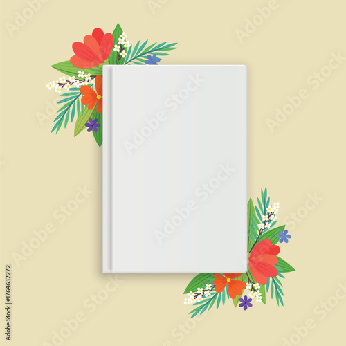 Blank White Book Cover Mockup with Colorful Floral Corner Decoration - Hardcover Book Template Vector