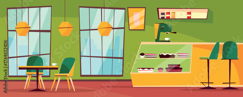 Empty Coffee Shop Illustration with Counter and Seating Vector